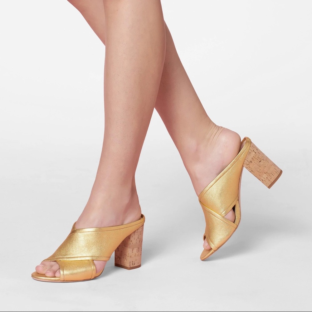 NWT Etienne Aigner Lido Cork Mettalic Leather block Heel Sandal, Brand N…